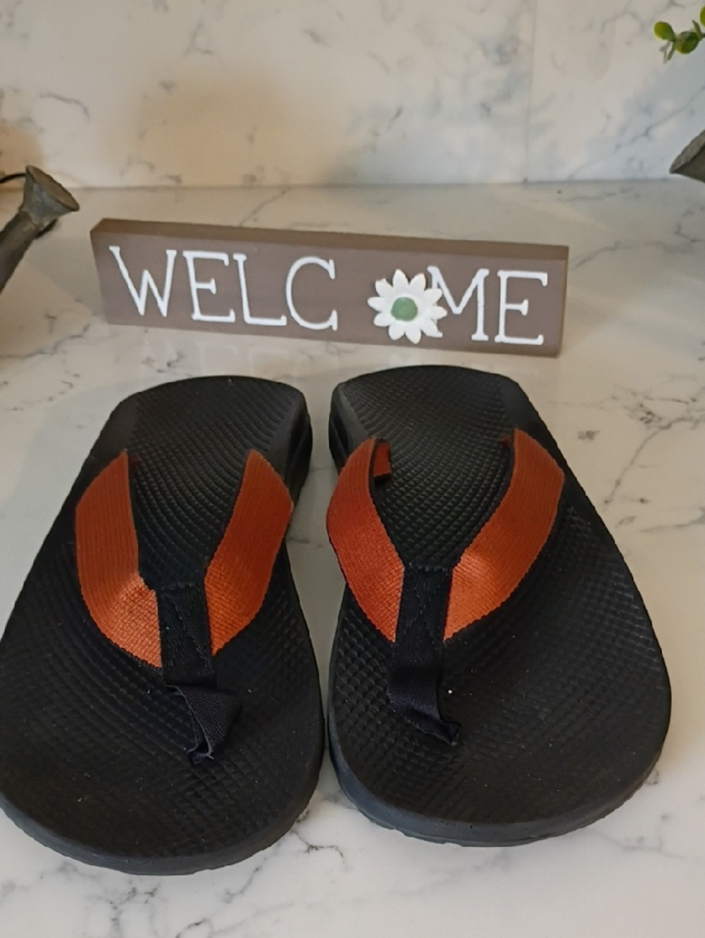CHACO Men's Black Flip Flops with Brown Straps - Comfortable Beach Sandals
